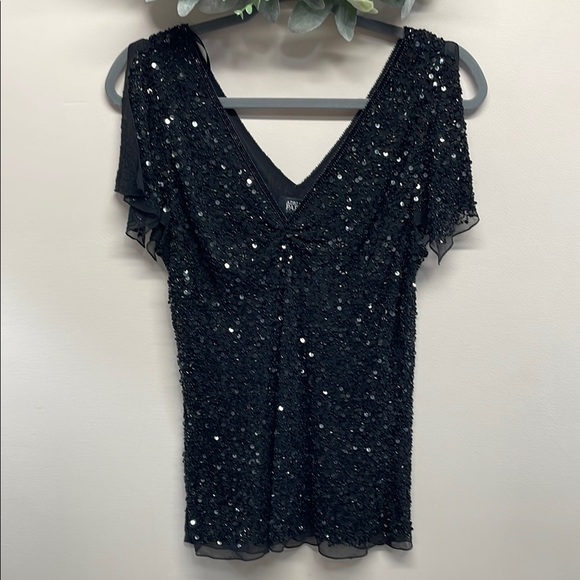 NWT Adrianna Papell Silk V-neck Sequin Flutter Sleeve Evening Dazzling Winds L - Picture 1 of 14